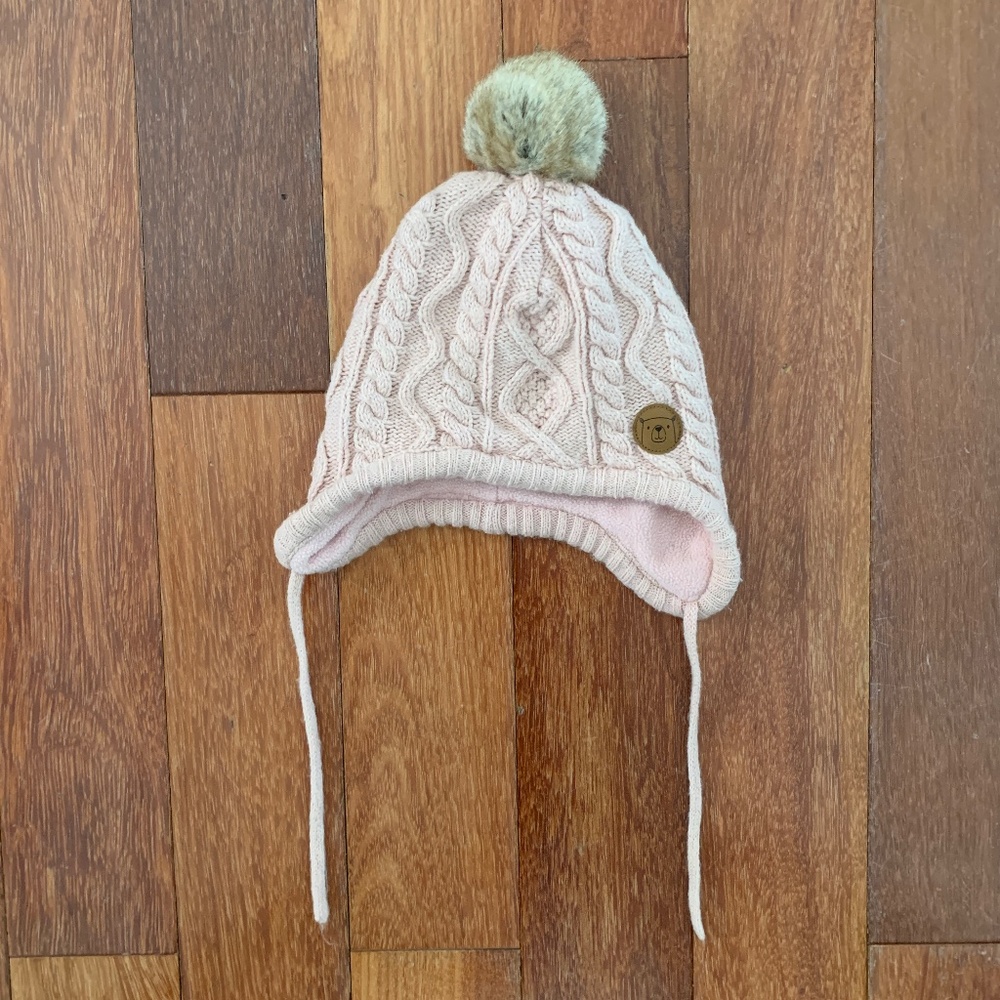 H&M Baby Girls Pink Cable Knit Earflap Hat Beanie PomPom 12 Months
